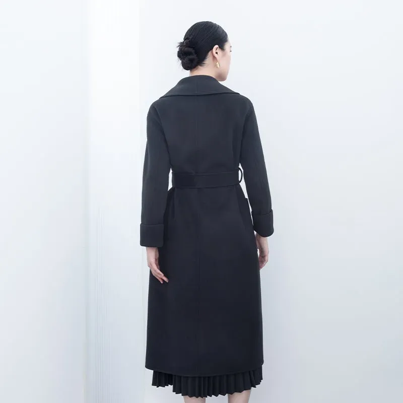 Black Long Belted Lapel Wool Trench Coats