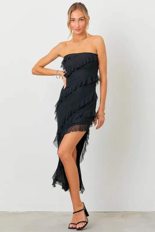 Black Strapless Frill Dress