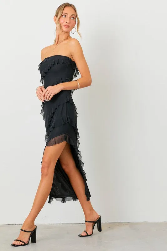 Black Strapless Frill Dress