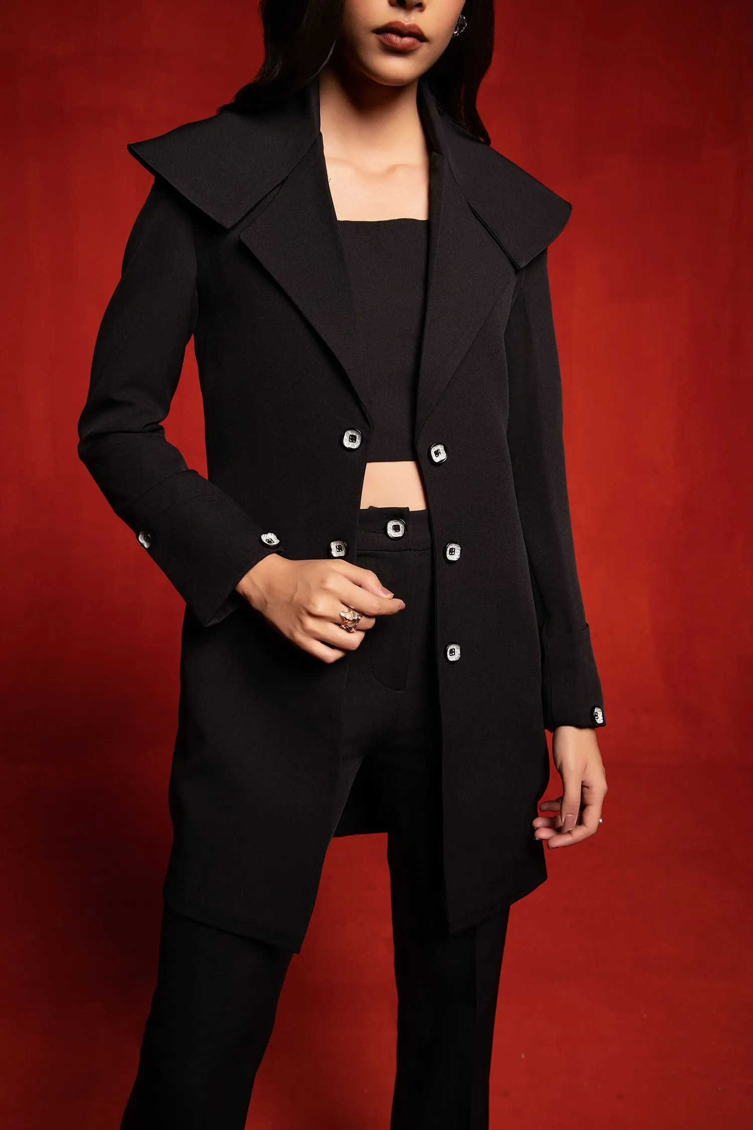 Black Trench Coat with Crop Top and Pants