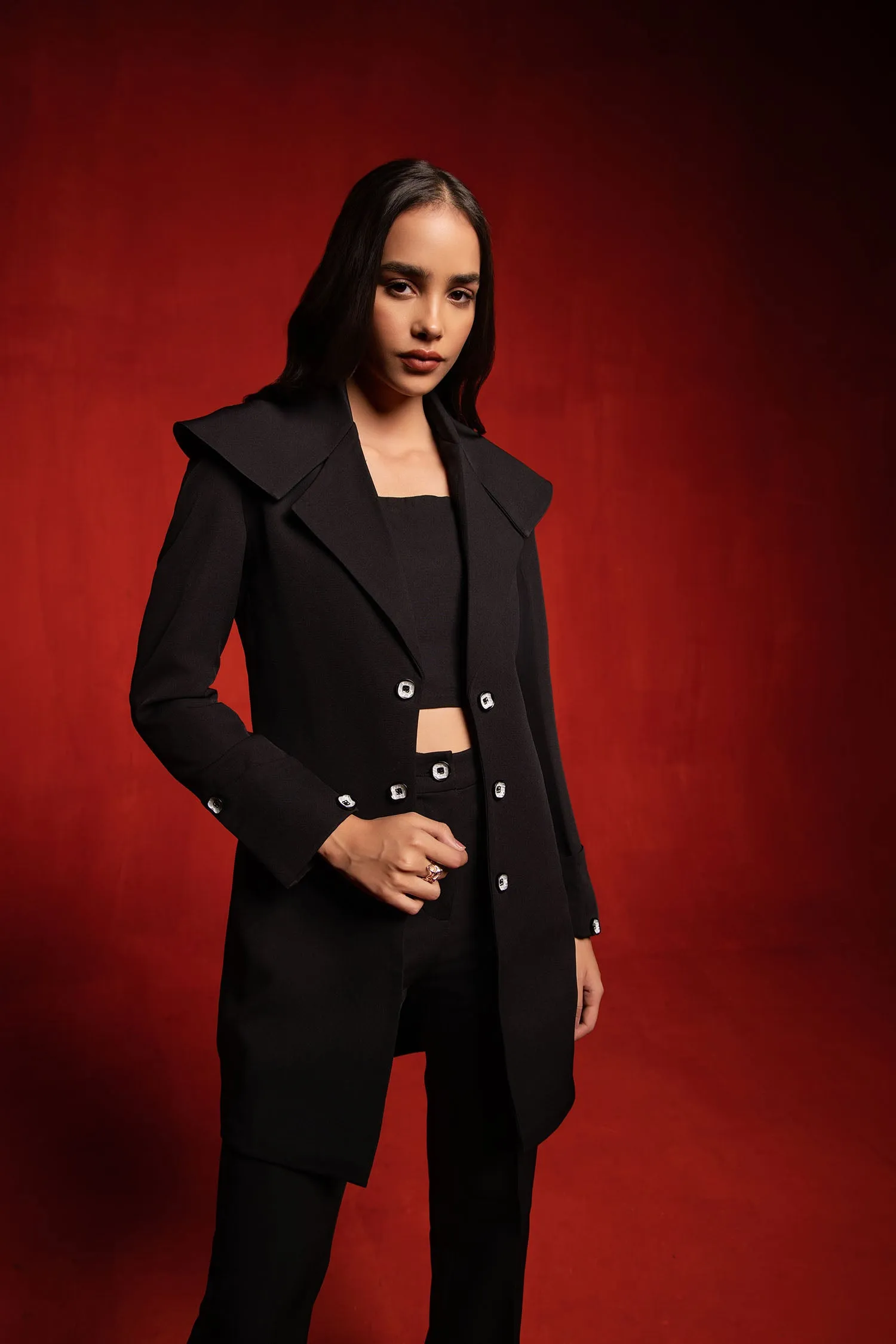 Black Trench Coat with Crop Top and Pants