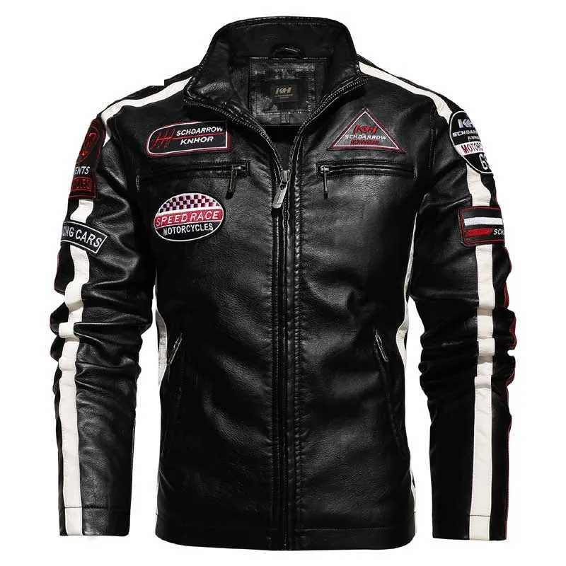 Black Varsity Jacket Racer Jacket Men's Pu Jacket Motorcycle Racing Suit Leather Fleece-Lined Thin Coat