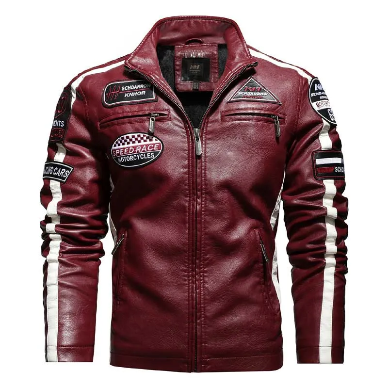 Black Varsity Jacket Racer Jacket Men's Pu Jacket Motorcycle Racing Suit Leather Fleece-Lined Thin Coat