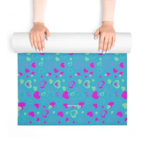 Blue Hearts Foam Yoga Mat, Blue and Pink Hearts Pattern Best Lightweight 0.25" thick Mat - Printed in USA (Size: 24″x72")