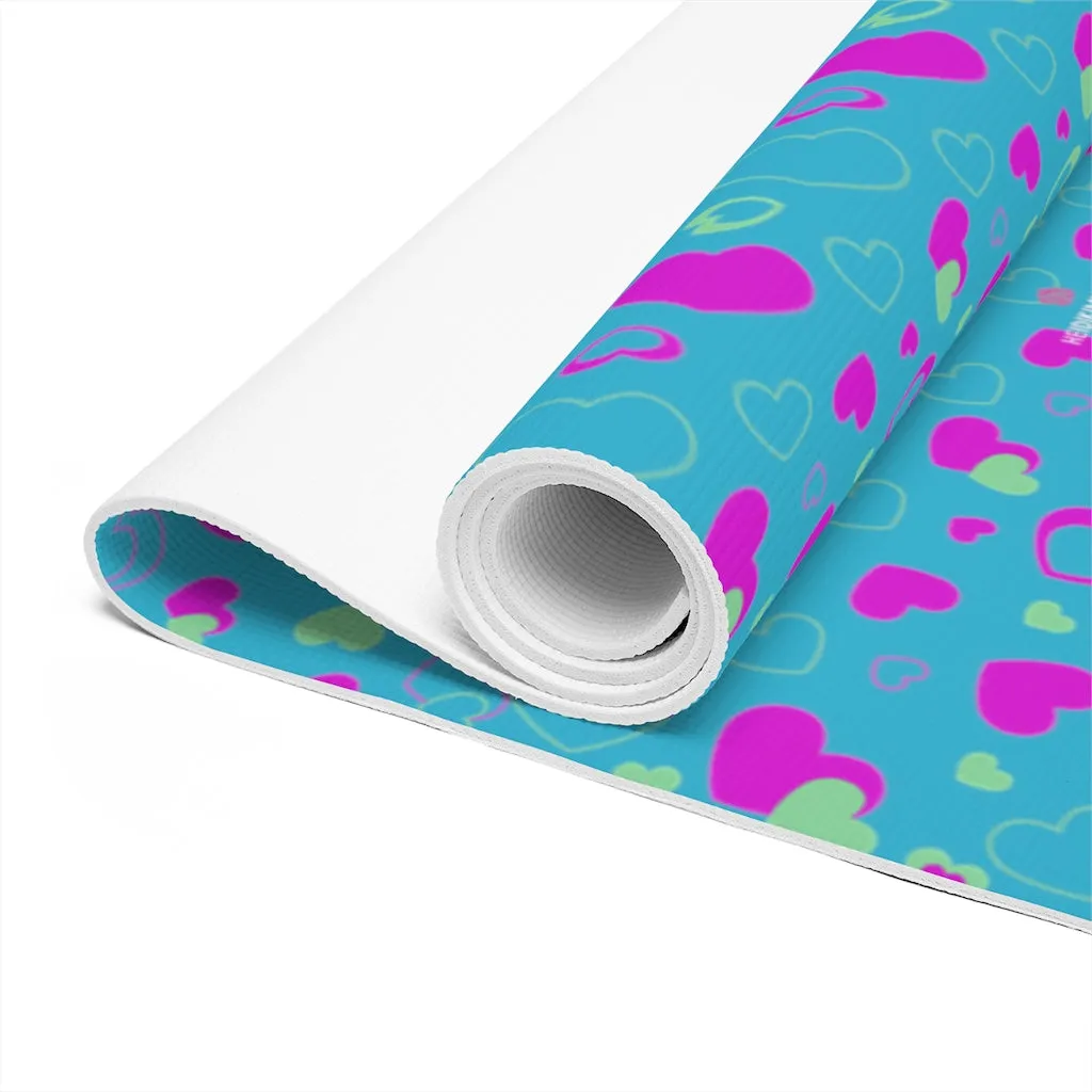 Blue Hearts Foam Yoga Mat, Blue and Pink Hearts Pattern Best Lightweight 0.25" thick Mat - Printed in USA (Size: 24″x72")