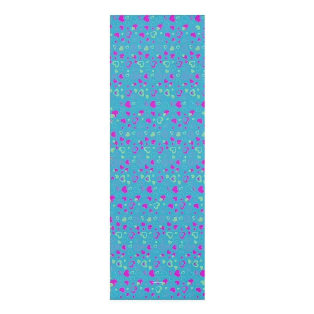 Blue Hearts Foam Yoga Mat, Blue and Pink Hearts Pattern Best Lightweight 0.25" thick Mat - Printed in USA (Size: 24″x72")