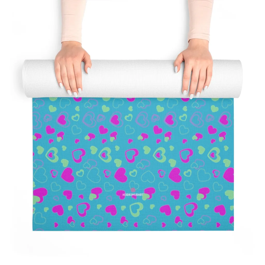 Blue Hearts Foam Yoga Mat, Blue and Pink Hearts Pattern Best Lightweight 0.25" thick Mat - Printed in USA (Size: 24″x72")