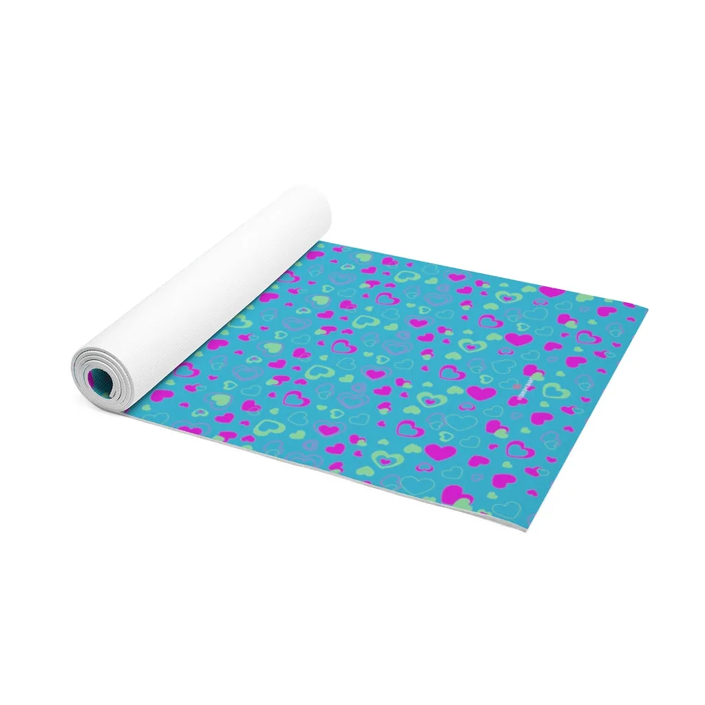 Blue Hearts Foam Yoga Mat, Blue and Pink Hearts Pattern Best Lightweight 0.25" thick Mat - Printed in USA (Size: 24″x72")