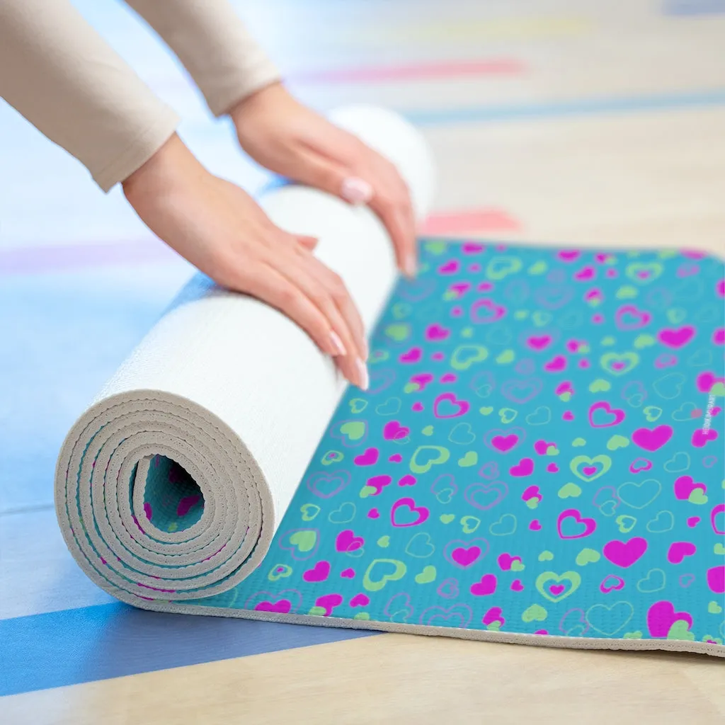 Blue Hearts Foam Yoga Mat, Blue and Pink Hearts Pattern Best Lightweight 0.25" thick Mat - Printed in USA (Size: 24″x72")