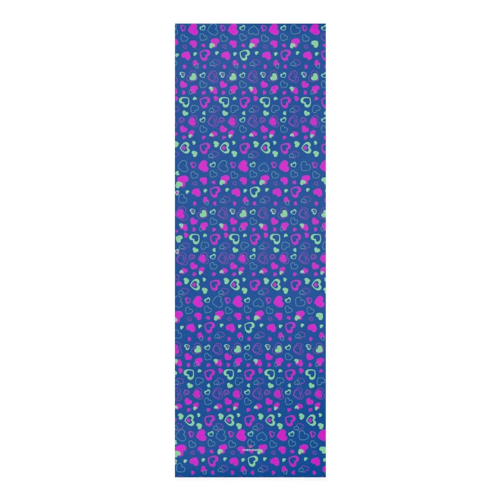 Blue Hearts Foam Yoga Mat, Hearts Pattern Best Lightweight 0.25" thick Mat - Printed in USA (Size: 24″x72")