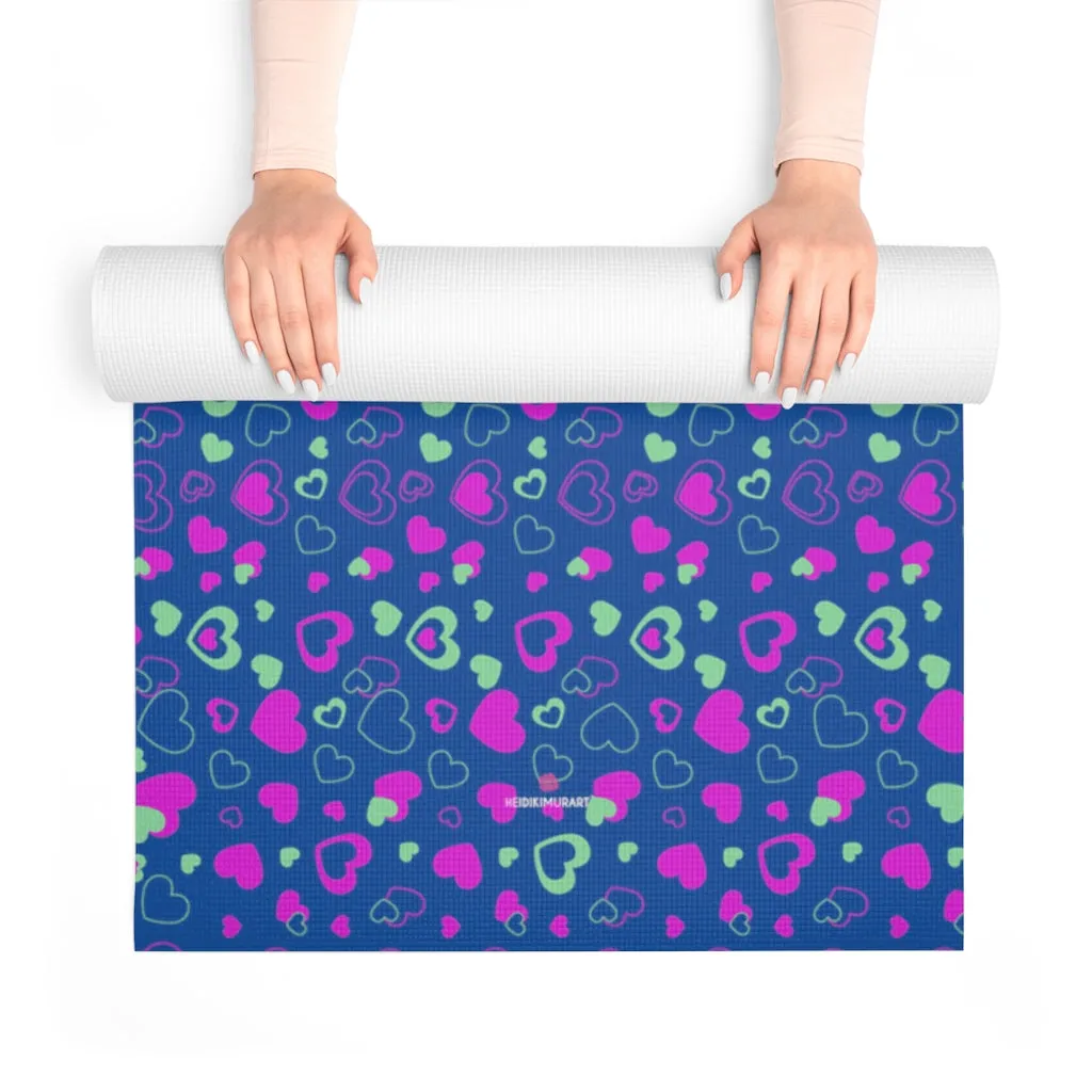 Blue Hearts Foam Yoga Mat, Hearts Pattern Best Lightweight 0.25" thick Mat - Printed in USA (Size: 24″x72")