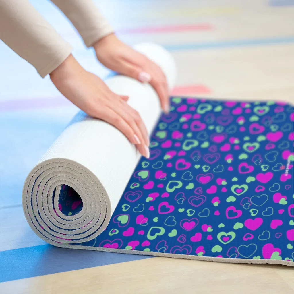 Blue Hearts Foam Yoga Mat, Hearts Pattern Best Lightweight 0.25" thick Mat - Printed in USA (Size: 24″x72")