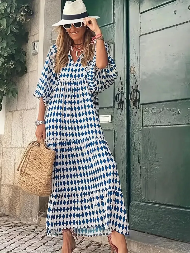 Blue Long Beach Boho Puff Sleeve Maxi Loose Dress