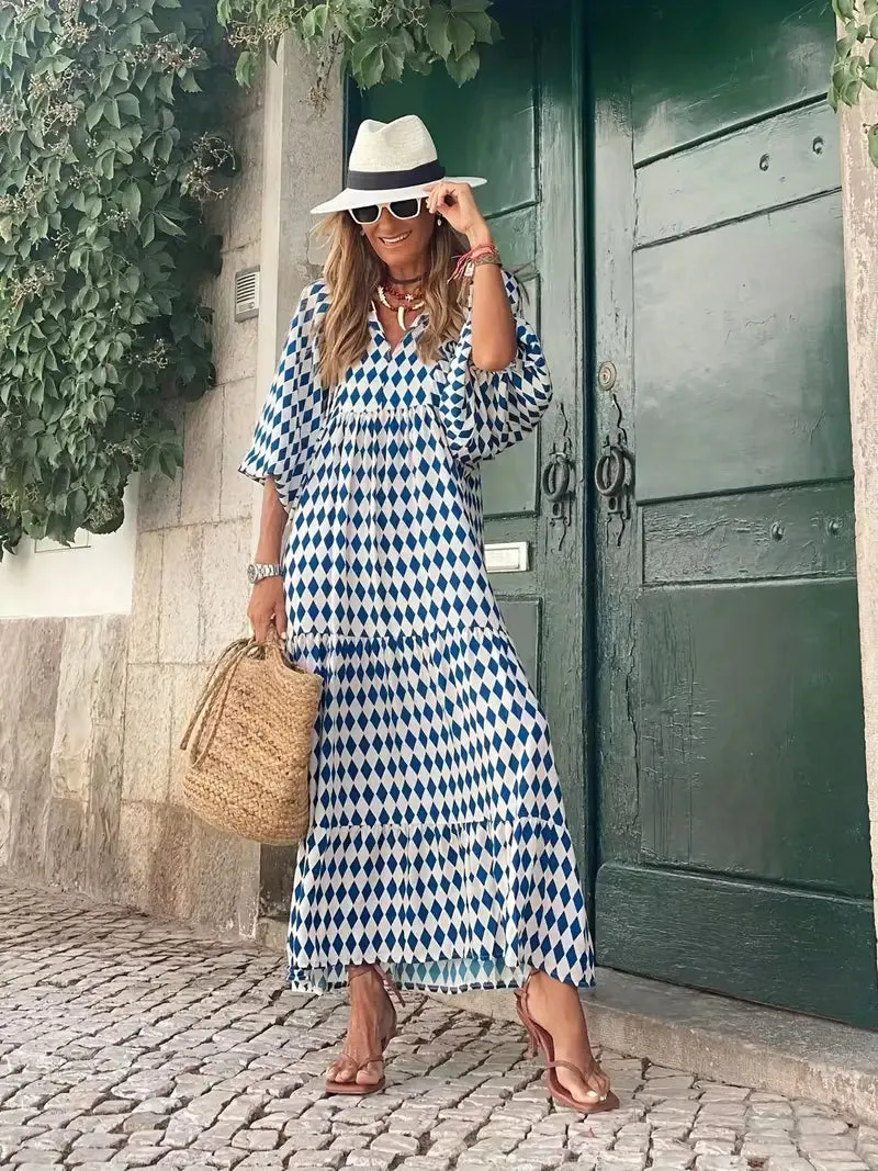 Blue Long Beach Boho Puff Sleeve Maxi Loose Dress