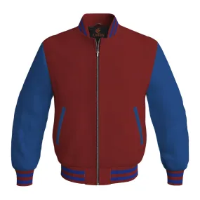 Bomber Jacket Women Maroon Body and Blue Leather Sleeves Bomber Jacket