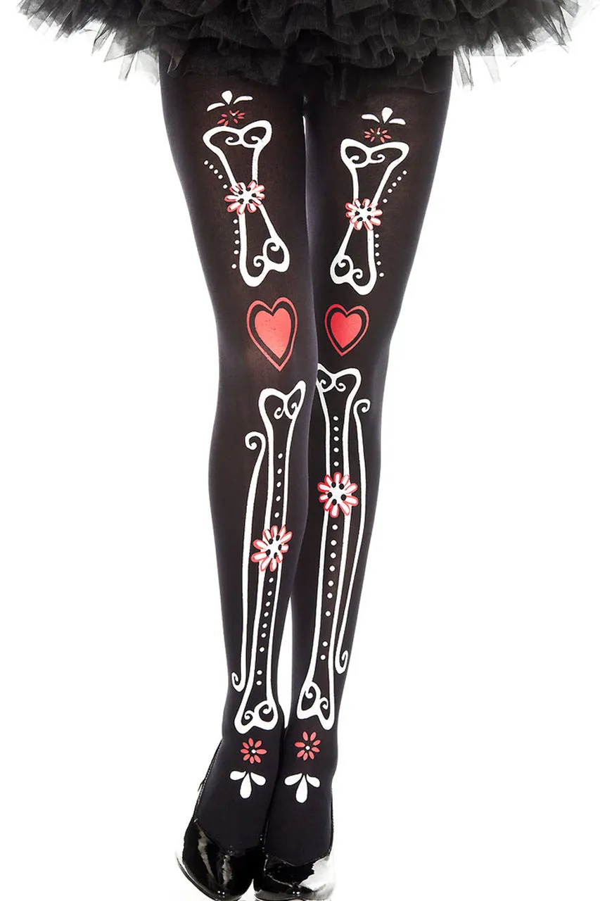 Bone and Heart Print Pantyhose