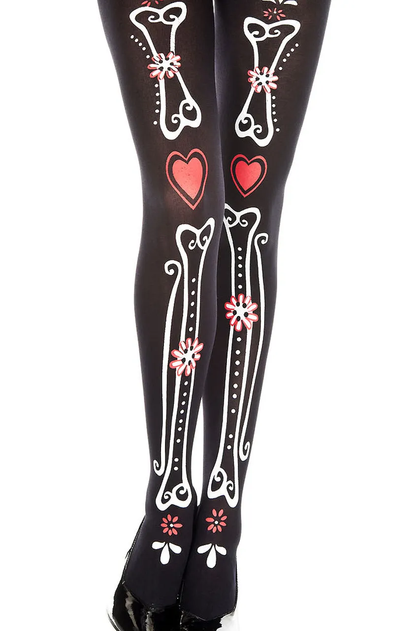 Bone and Heart Print Pantyhose