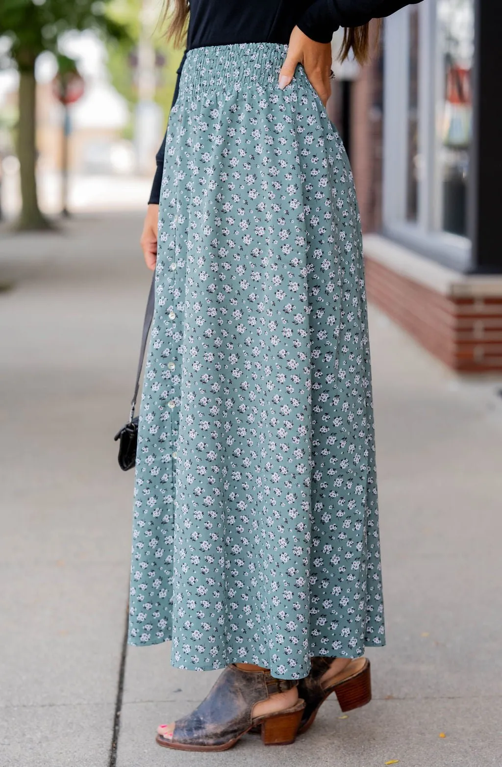 Bouquets Button Accent Maxi Skirt