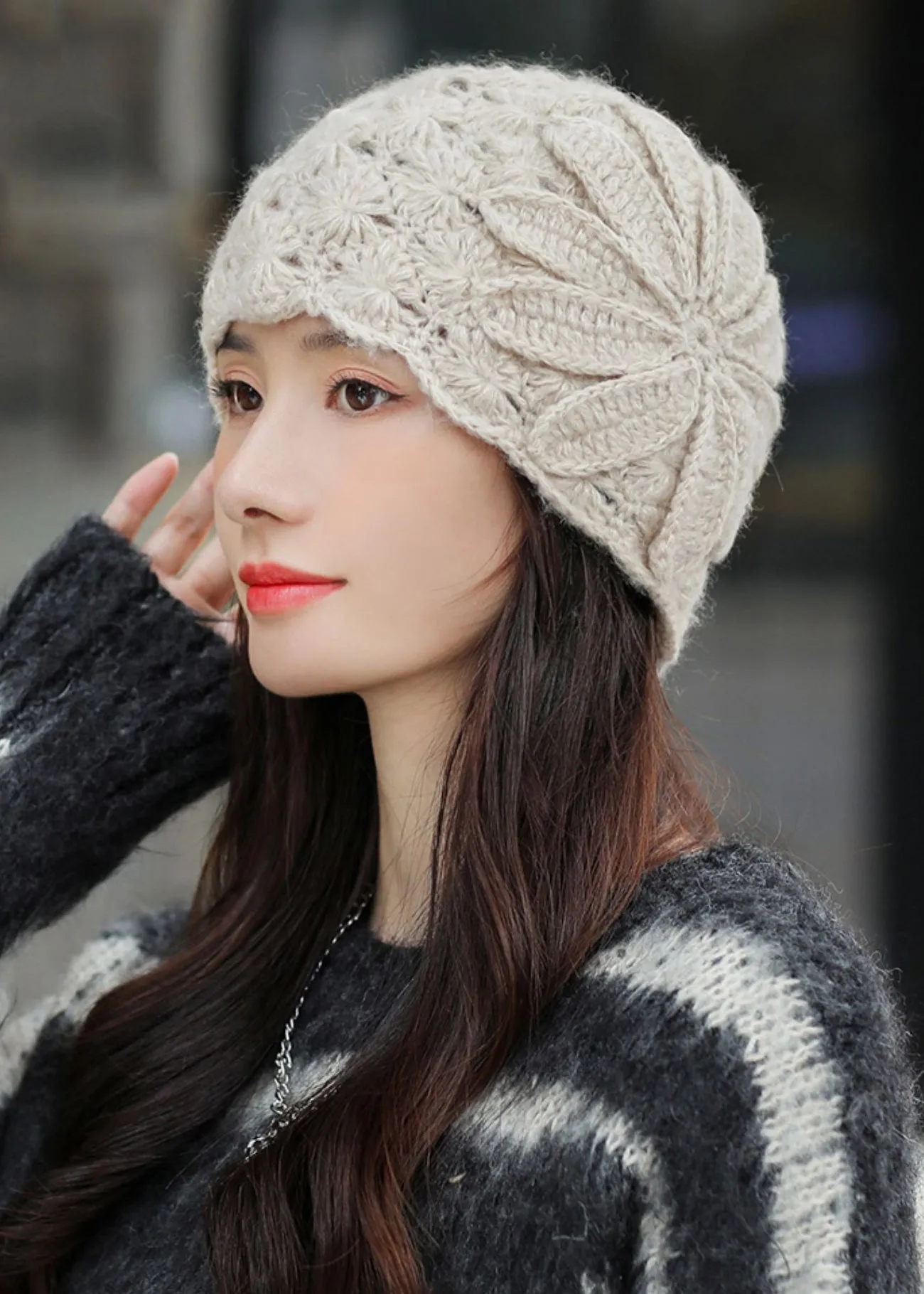 Boutique Beige Floral Hollow Out Cotton Knit Bonnie Hat