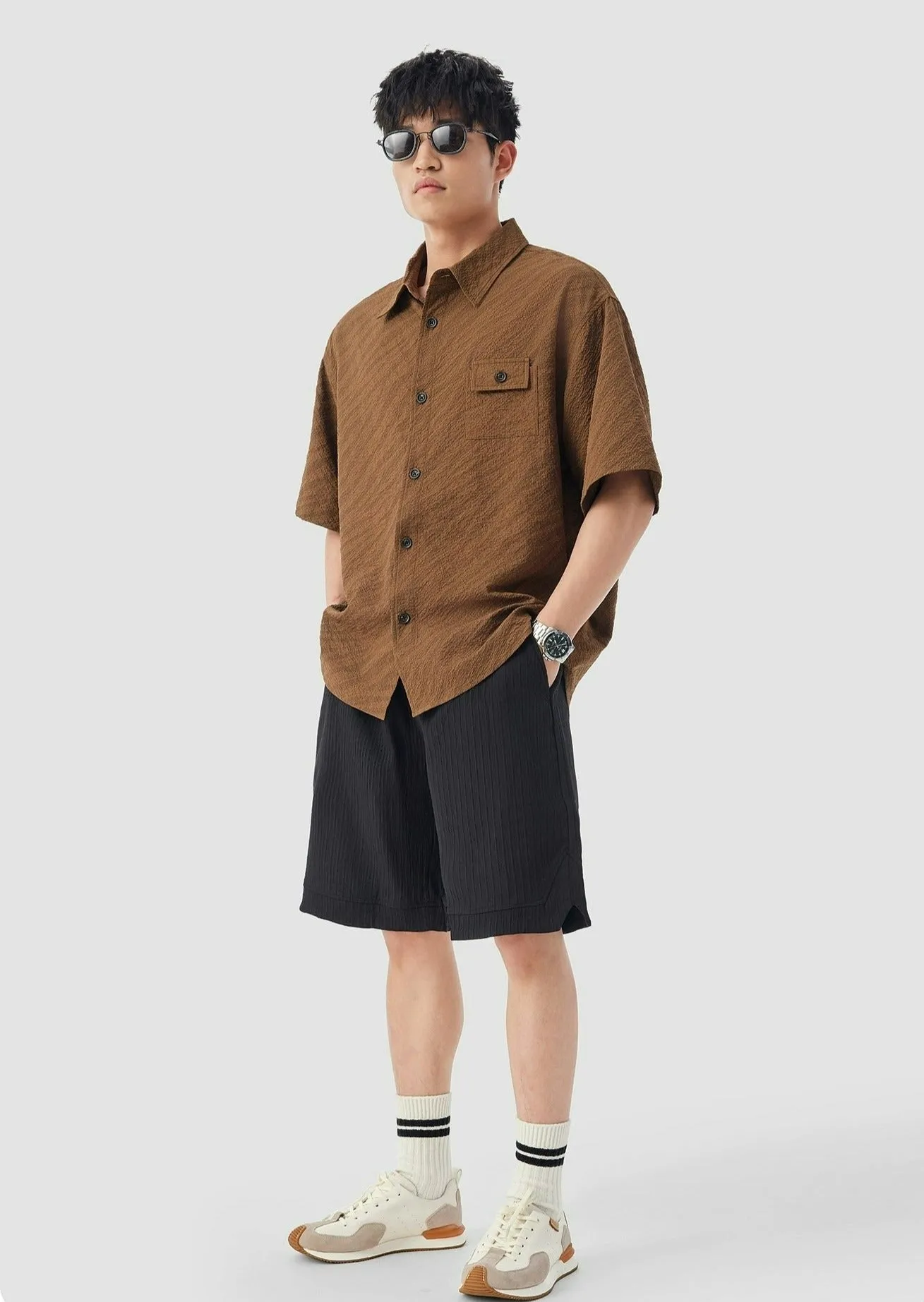 Boxy Textured Button-Up Shirt with Chest Pocket