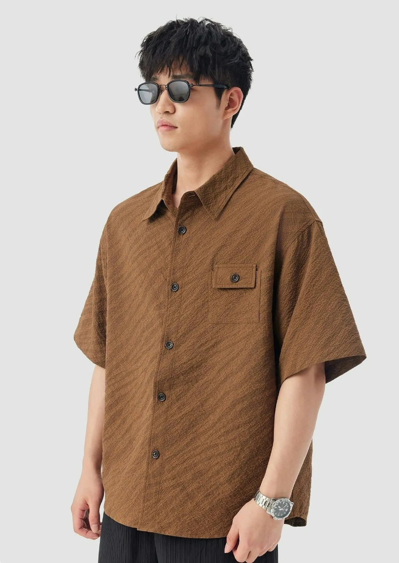 Boxy Textured Button-Up Shirt with Chest Pocket