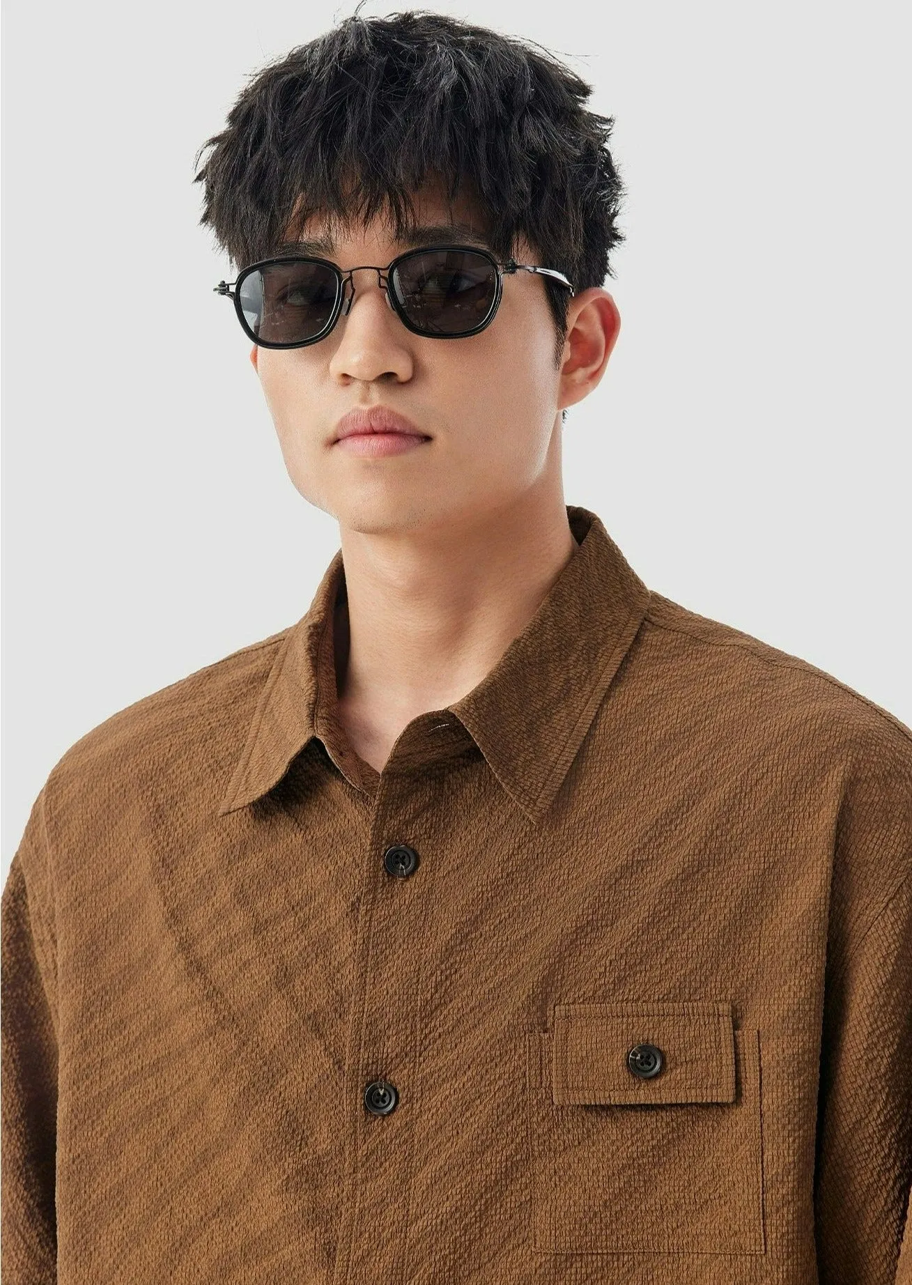 Boxy Textured Button-Up Shirt with Chest Pocket