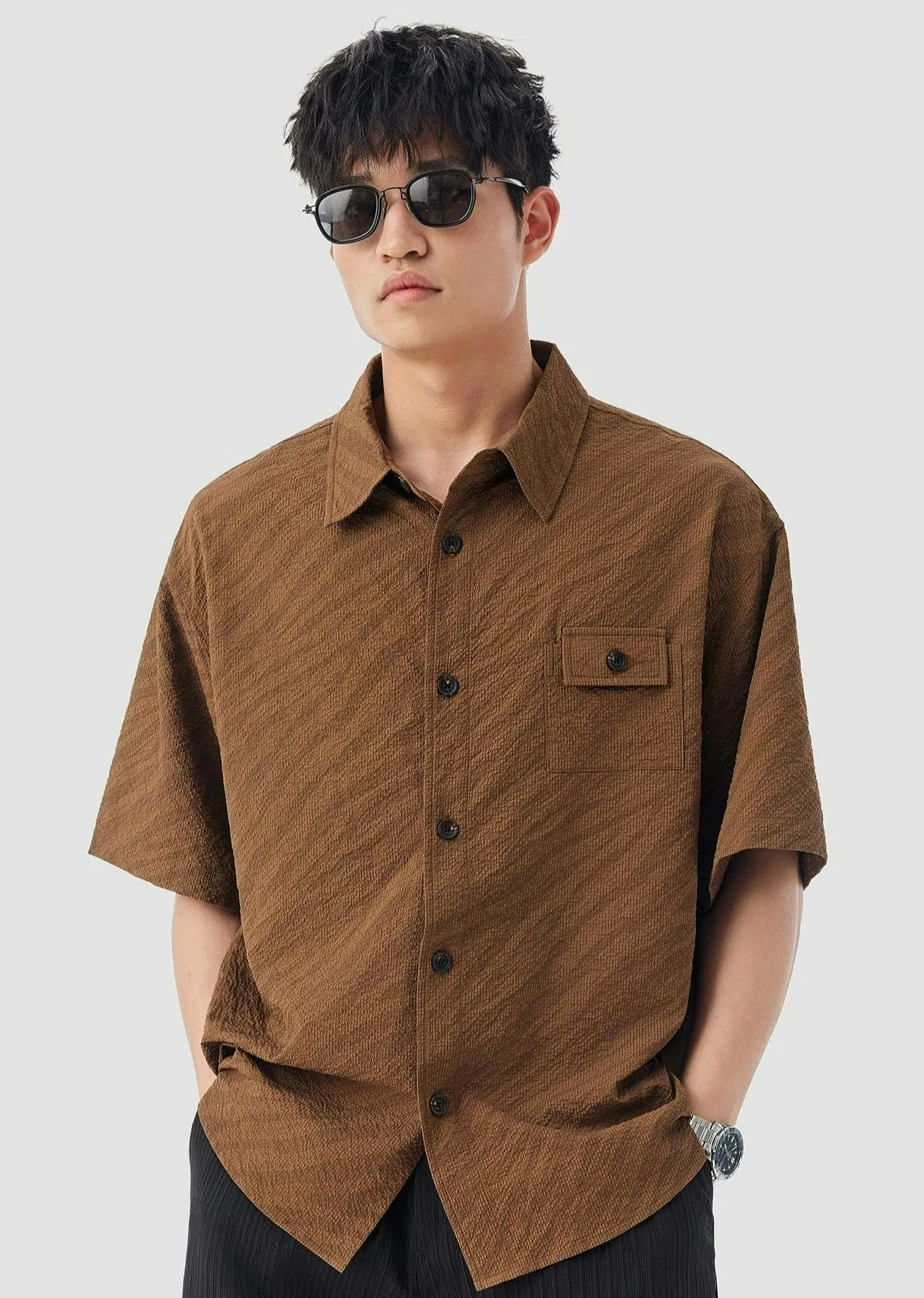 Boxy Textured Button-Up Shirt with Chest Pocket