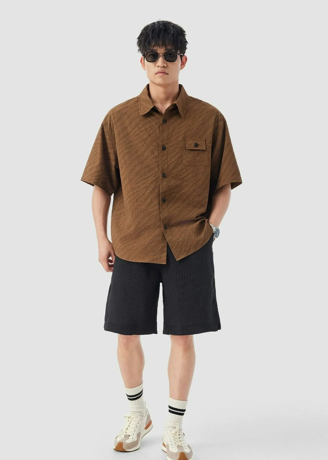 Boxy Textured Button-Up Shirt with Chest Pocket