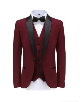 Burgundy Men's Slim-Fit Tuxedo Single Breasted Shawl Lapel Vested TX-300