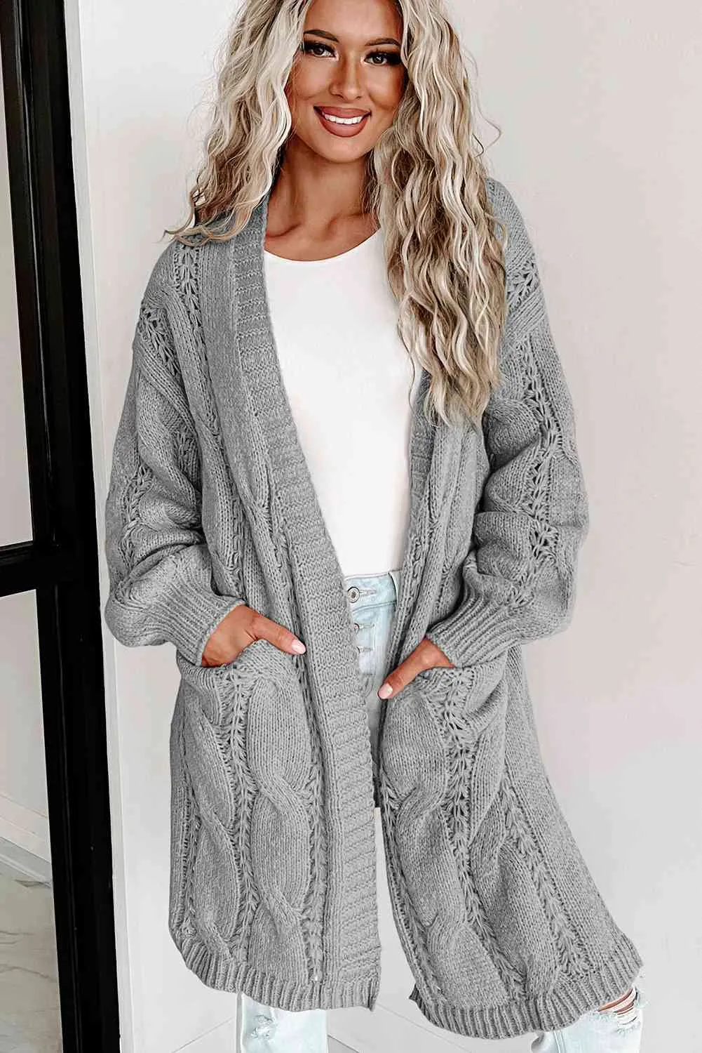 Cable-Knit Dropped Shoulder Slit Cardigan