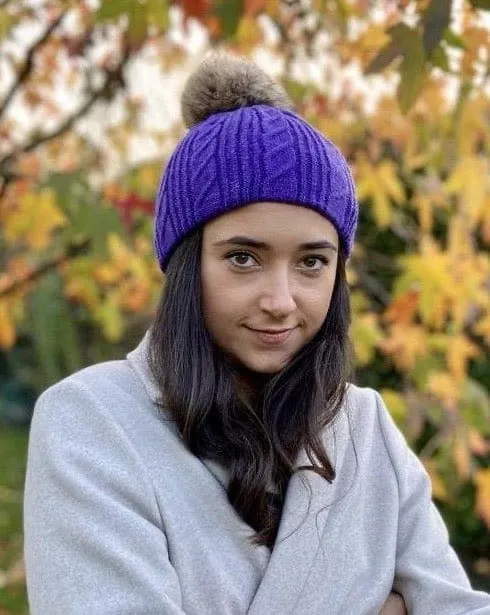 Cable Knit Pom Pom Hat -Purple