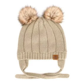 Calikids Cotton Knit Pom Pom Baby Winter Hat - Beige(Extra Small, 0-3 Months)