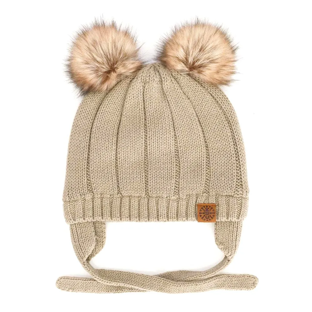 Calikids Cotton Knit Pom Pom Baby Winter Hat - Beige(Extra Small, 0-3 Months)