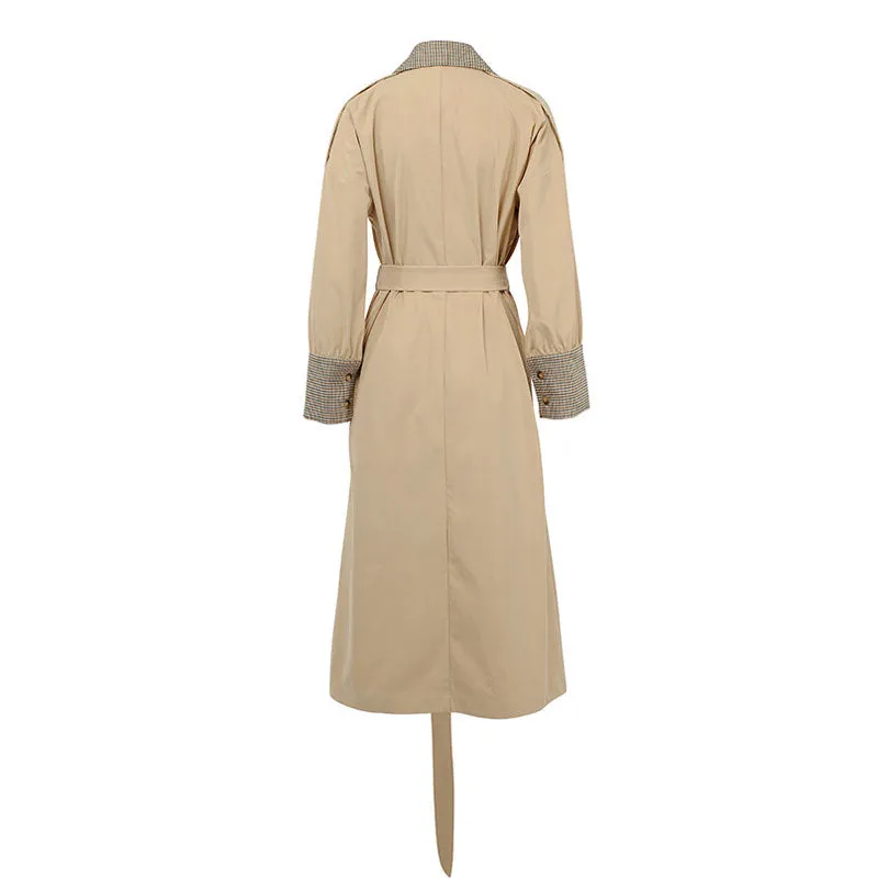 Chic Gingham Print Belted Long Sleeve Double Breasted Trench Coat - Khaki