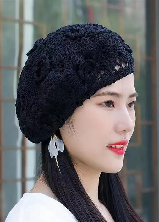 Chic Handmade Black Hollow Out Crochet Floral Knit Beret Hat