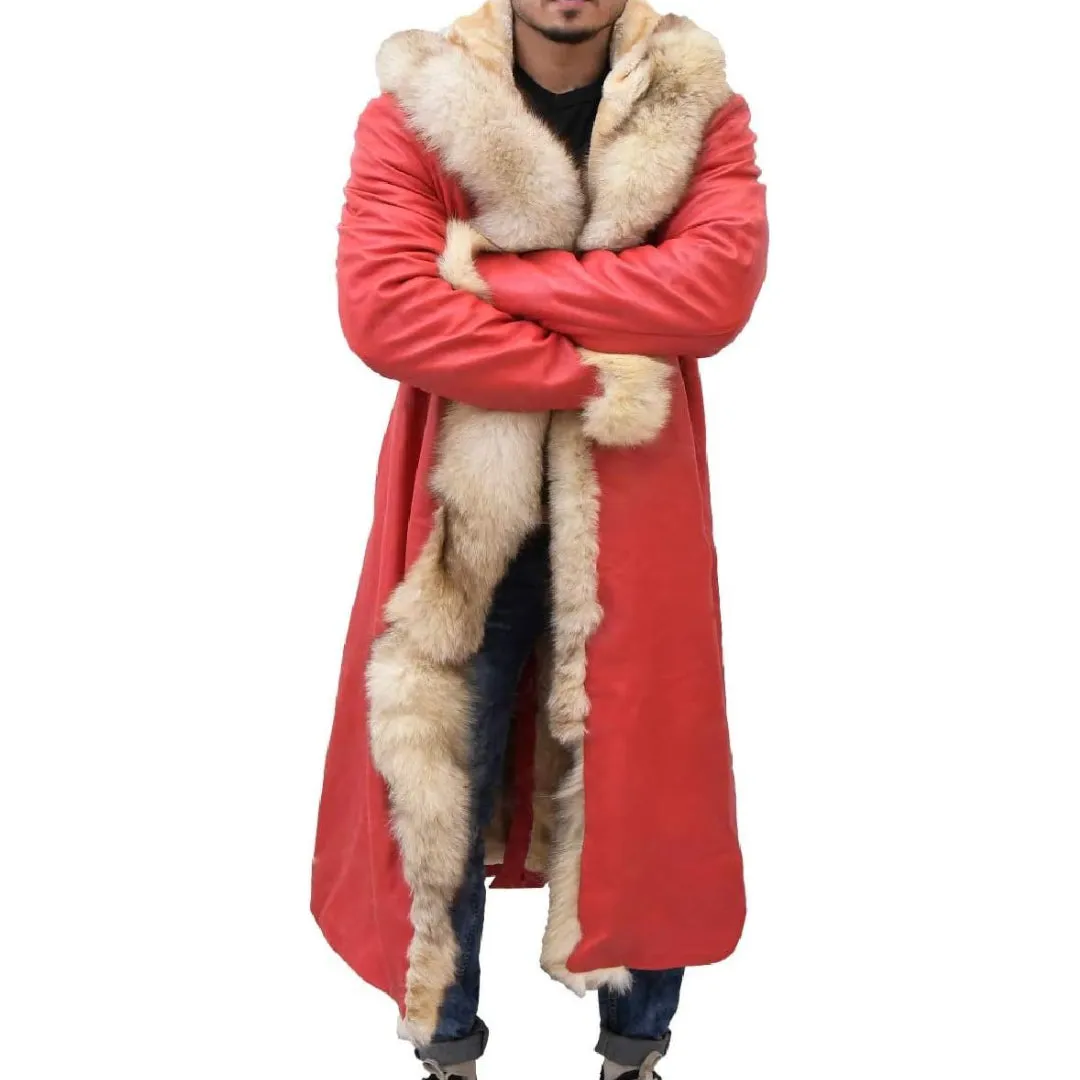 Christmas Red Leather Fur Shearling Trench Coat