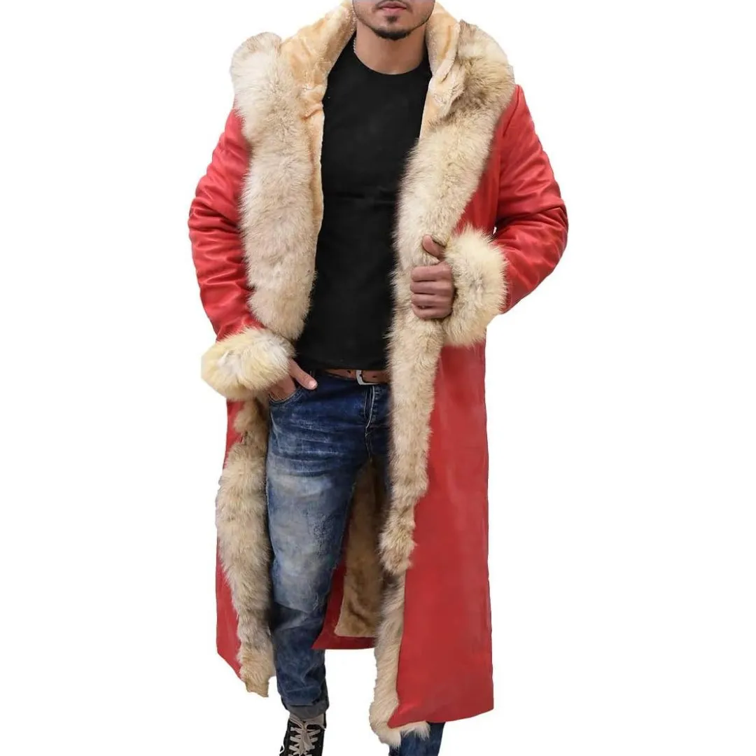 Christmas Red Leather Fur Shearling Trench Coat