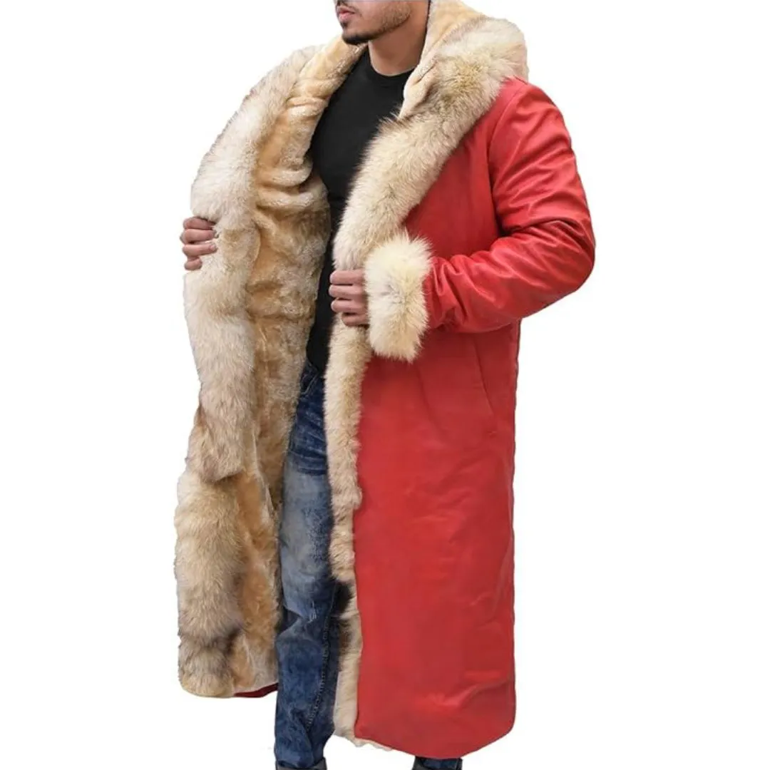 Christmas Red Leather Fur Shearling Trench Coat