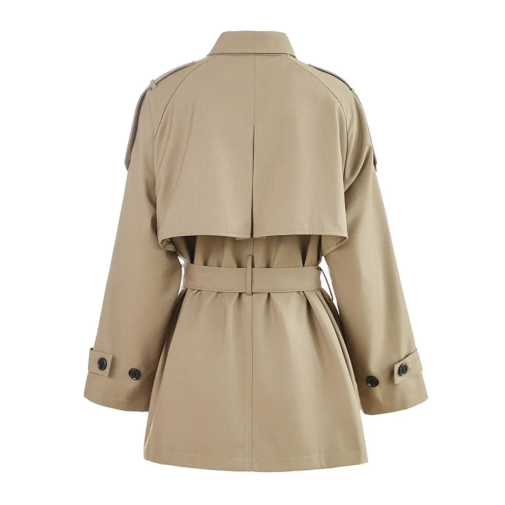 Classic Collared Single Breasted Belted Long Sleeve Short Trench Coat