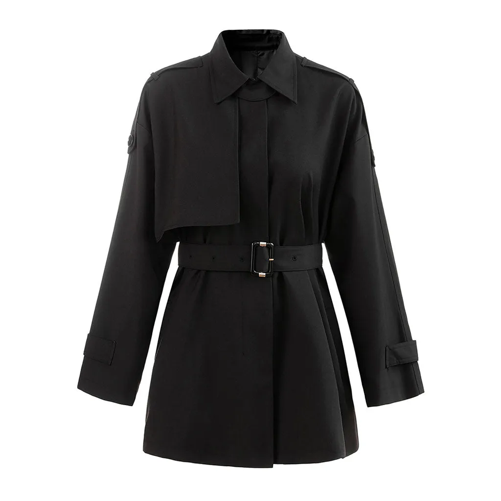 Classic Collared Single Breasted Belted Long Sleeve Short Trench Coat