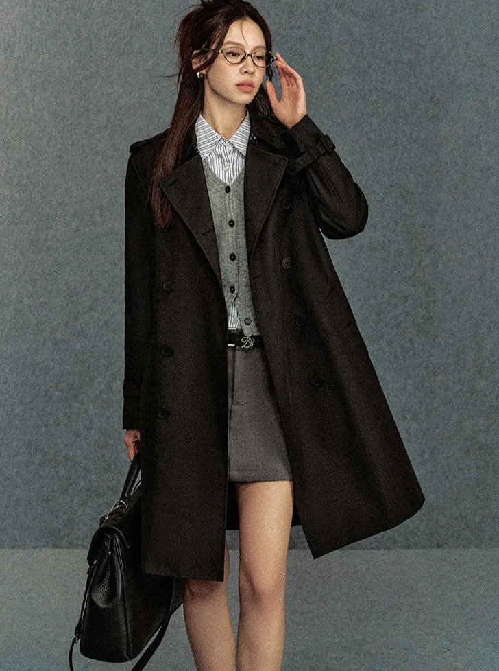 Classic Double-Breasted Trench Coat: Elegant Belted Outerwear for Women