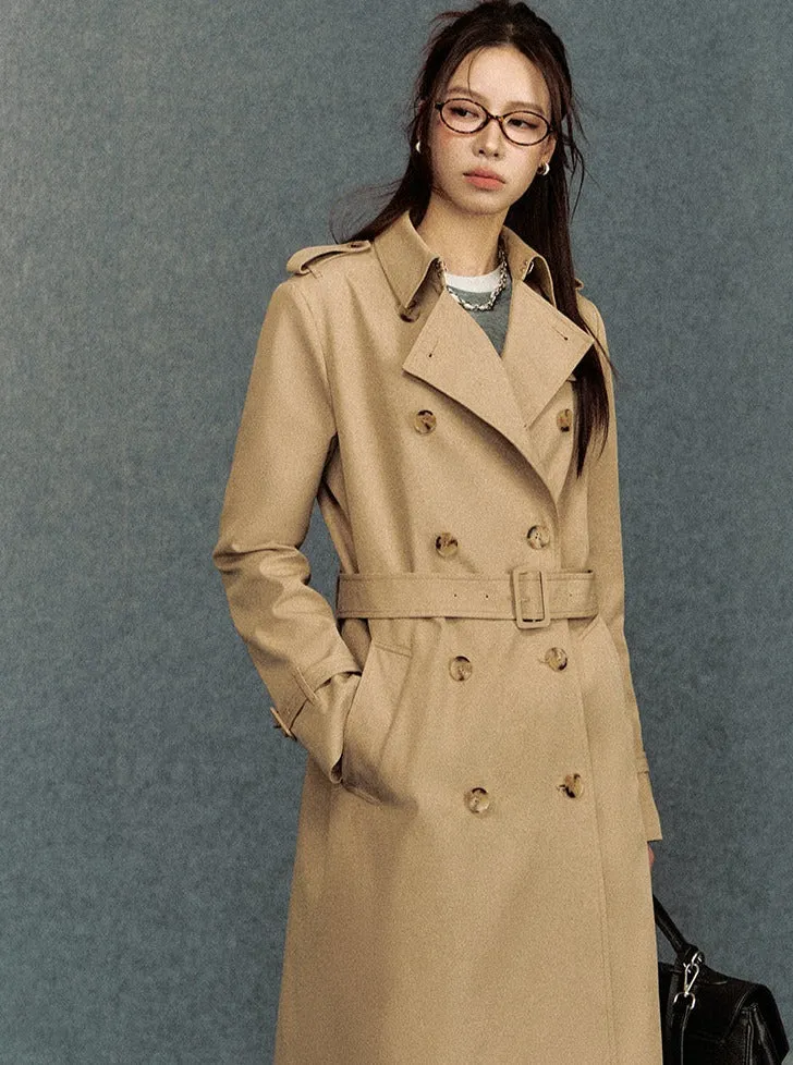 Classic Double-Breasted Trench Coat: Elegant Belted Outerwear for Women