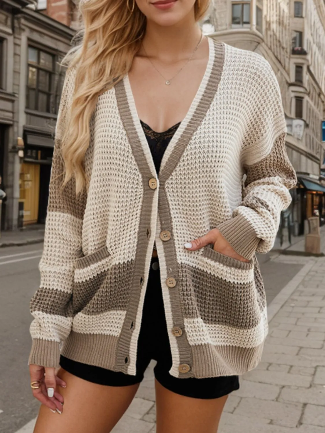 Contrast Button Up Long Sleeve Cardigan