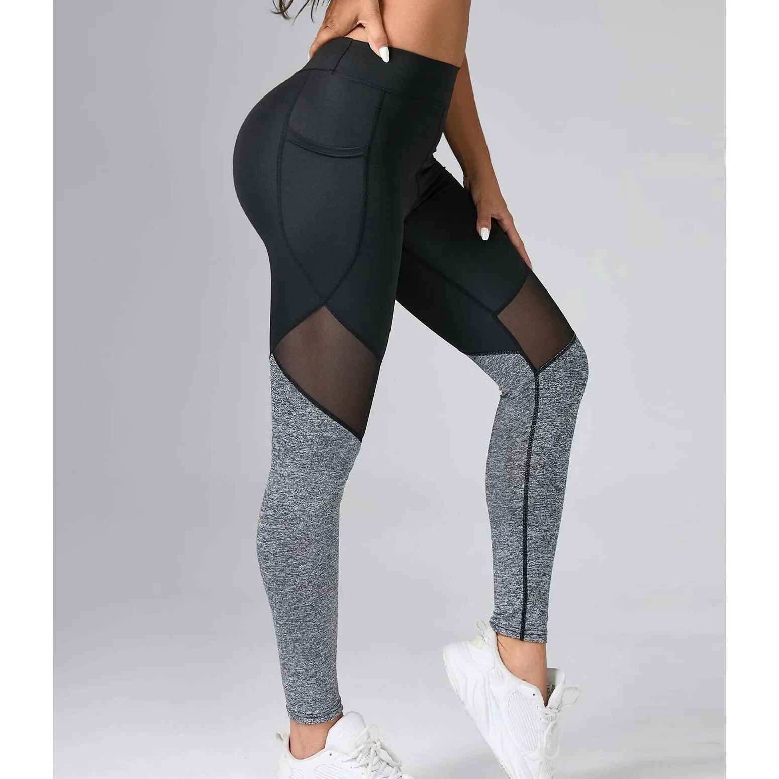 Contrast Color Panel Yoga Leggings Mesh Insert Gym Tights With Phone Pocket