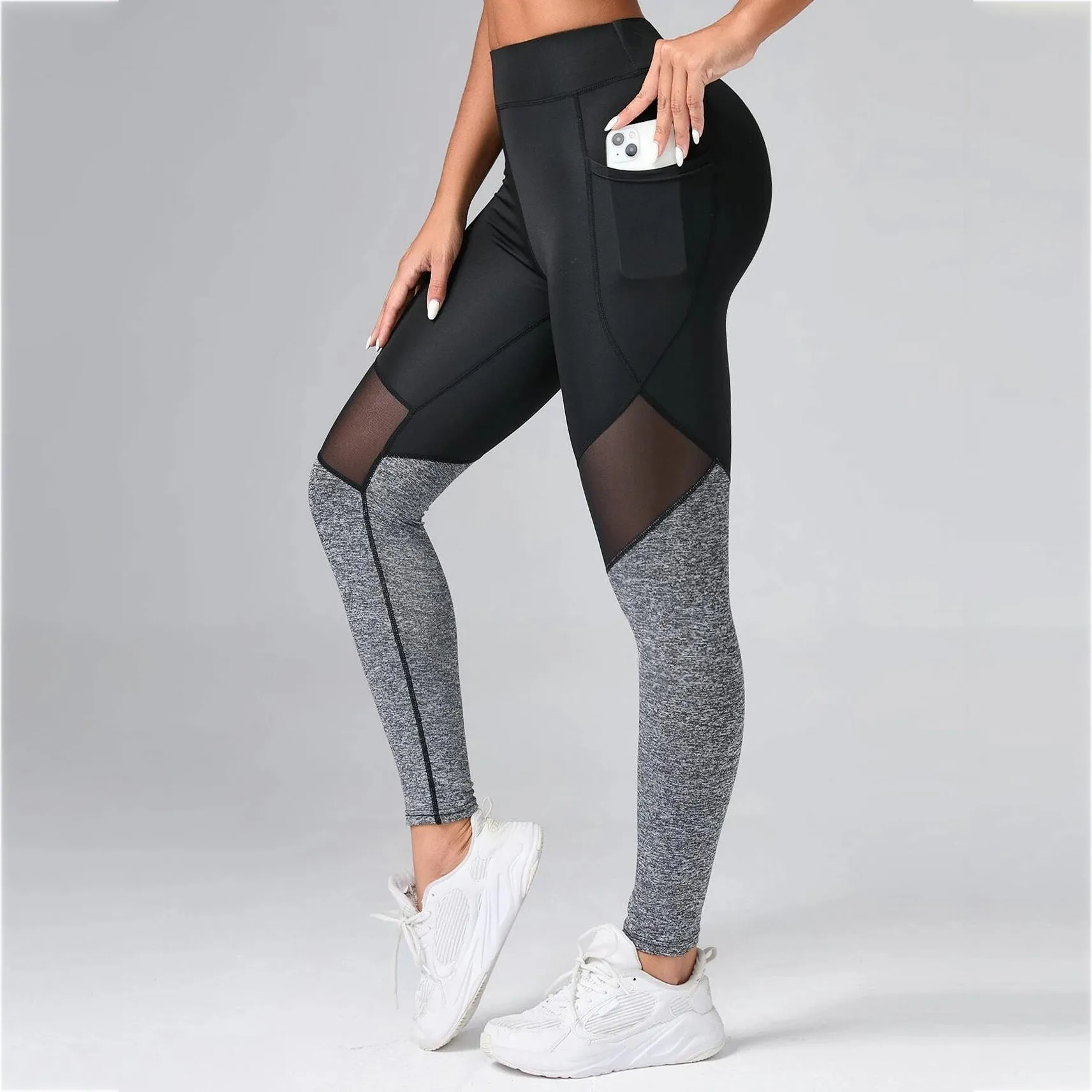 Contrast Color Panel Yoga Leggings Mesh Insert Gym Tights With Phone Pocket