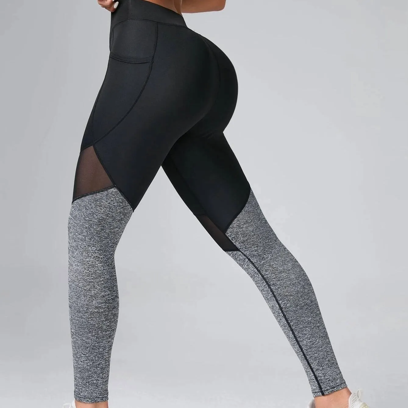 Contrast Color Panel Yoga Leggings Mesh Insert Gym Tights With Phone Pocket