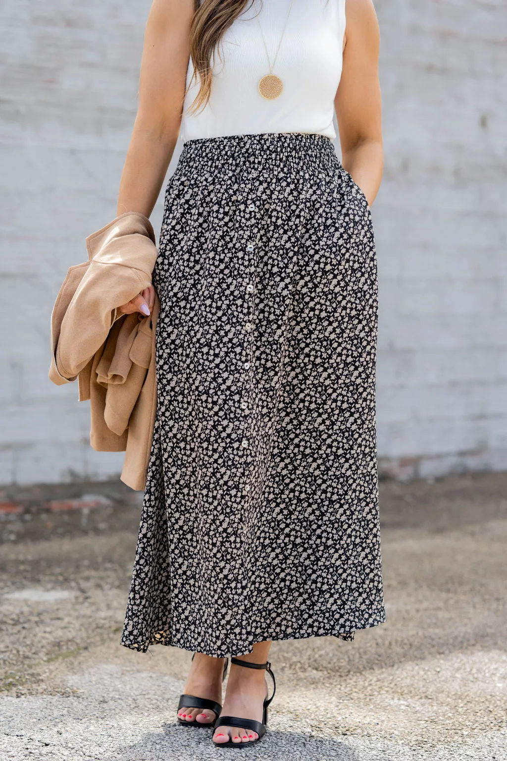 Cosmos Button Accented Maxi Skirt