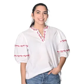 Cotton Bubble Sleeve Top With Embroidered Trim