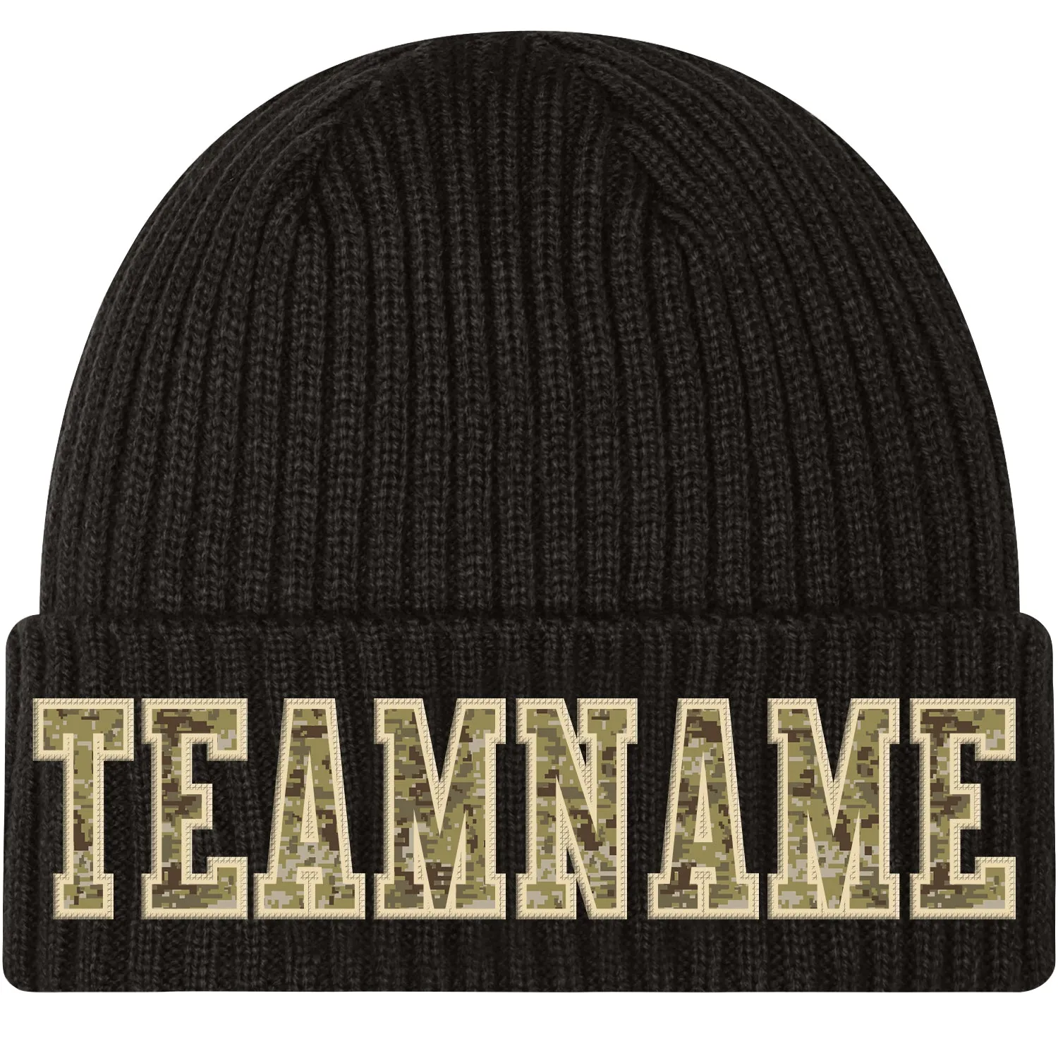 Custom Black Camo-Cream Stitched Cuffed Knit Hat