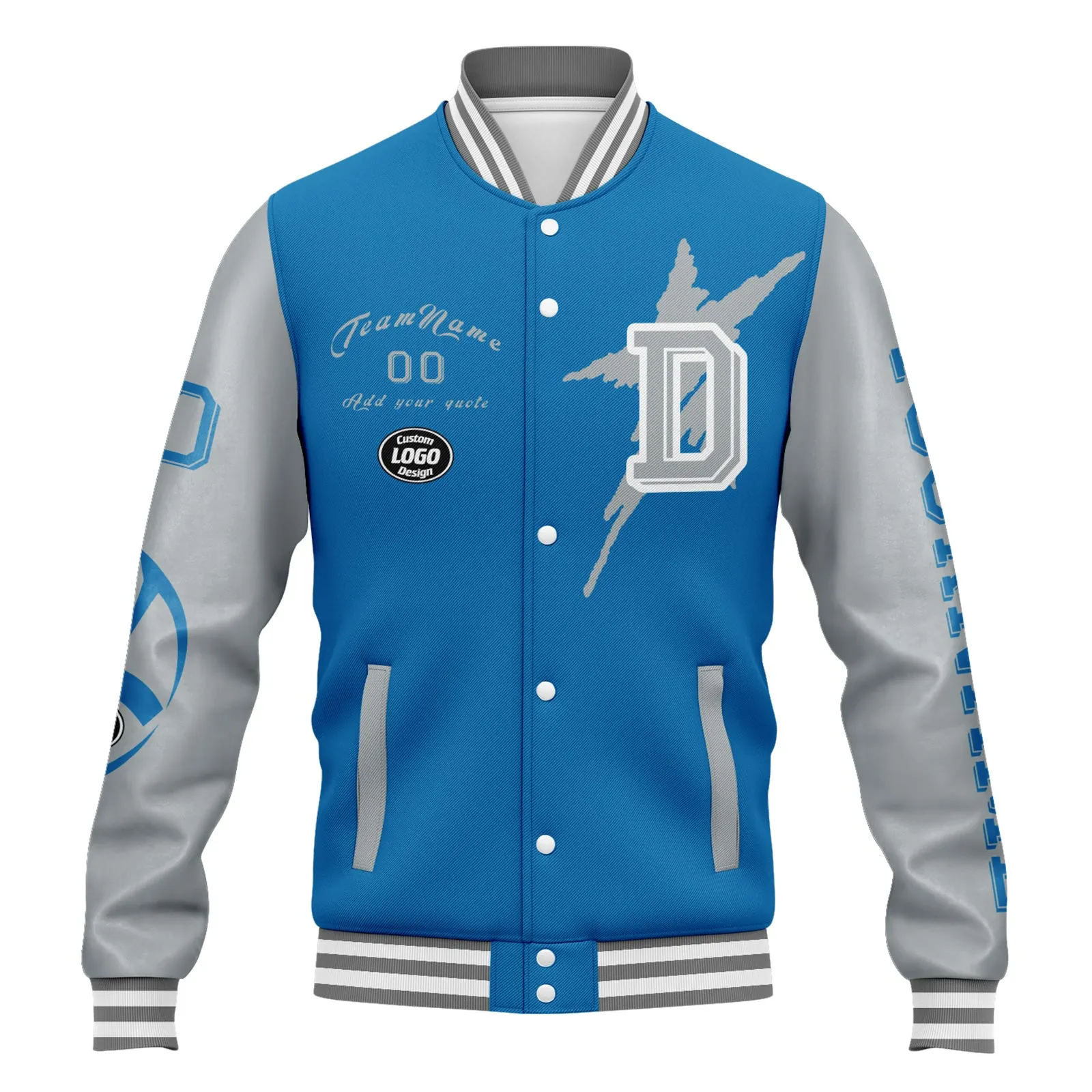 Custom Blue Gray Detroit Jacket Bomber Full-Snap Varsity Letterman Personalized Jacket FZ005SX-D020290-11